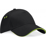 Casquette homme Ultimate à 5 panneaux sandwich contrasté B15C - Black / Lime Green personnalisable - Vue de face