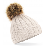 Bonnet epais avec pompon en fausse fourrure B412 - Oatmeal personnalisable - Vue de face