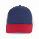 Casquette trucker 5 panneaux en coton canvas - K-up Gold Label KP240 - Mood Indigo / Light Scarlet Red / Beige Sand pers