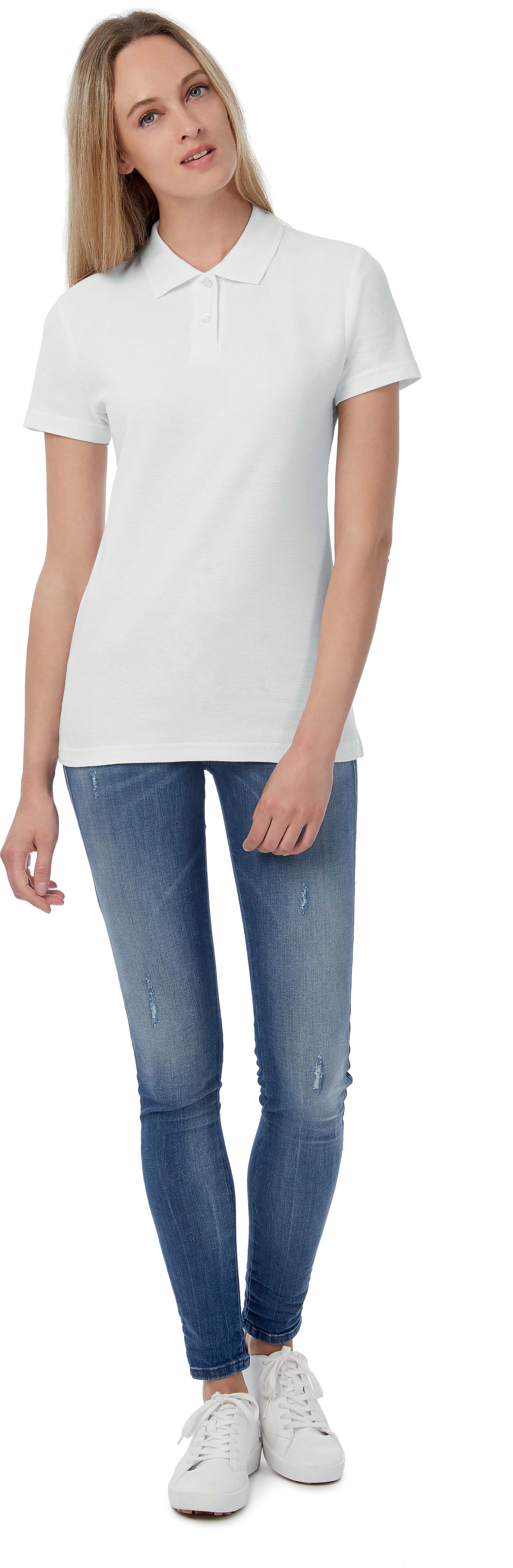Polo femme B&C Collection blanc maille piqué col classique trois boutons coupe cintrée élégante