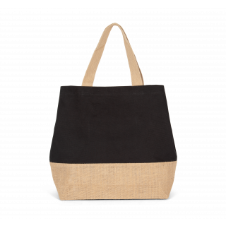 Sac shopping en toiles de coton et jute KI0235 - Black / Natural personnalisable - Vue de face