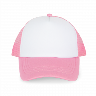 Casquette trucker enfant - 5 panneaux KP143 - White / Aurora Pink personnalisable - Vue de face