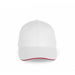 Casquette en coton biologique à sandwich contrasté - 6 panneaux KP198 - White / Hibiscus Red personnalisable - Vue de fa