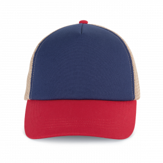 Casquette trucker 5 panneaux en coton canvas - K-up Gold Label KP240 - Mood Indigo / Light Scarlet Red / Beige Sand pers