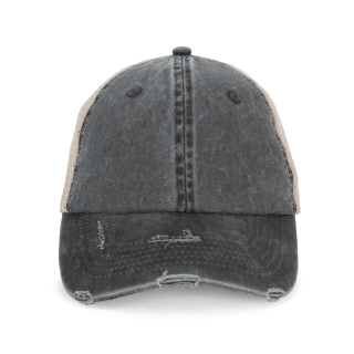 Casquette trucker écoresponsable effet déchiré unisexe NS027 - Washed black / Beige personnalisable - Vue de face