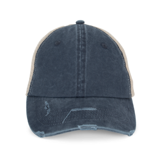 Casquette trucker écoresponsable effet déchiré unisexe NS027 - Washed Navy Blue / Beige personnalisable - Vue de face