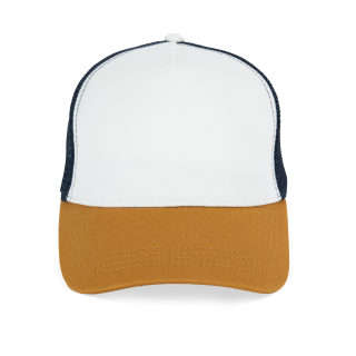 Casquette trucker écoresponsable 5 panneaux unisexe NS035 - Ivory / Curcuma / Navy Blue personnalisable - Vue de face
