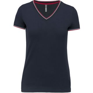 T-shirt femme col V maille piquée K394 - Navy / Red / White