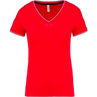 T-shirt femme col V maille piquée K394 - Red / Navy / White