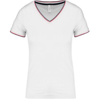 T-shirt femme col V maille piquée K394 - White / Navy / Red