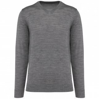 Pull Mérinos col V homme PK910 - Grey Heather personnalisable - Vue de face