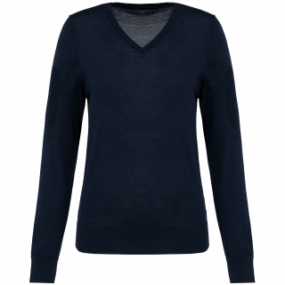 Pull Mérinos col V femme PK911 - Deep Navy personnalisable - Vue de face